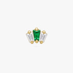 This image the front view of the golden ti micro crown baguette flatback. the flatback has two clear cz and one green cz in the middle. 