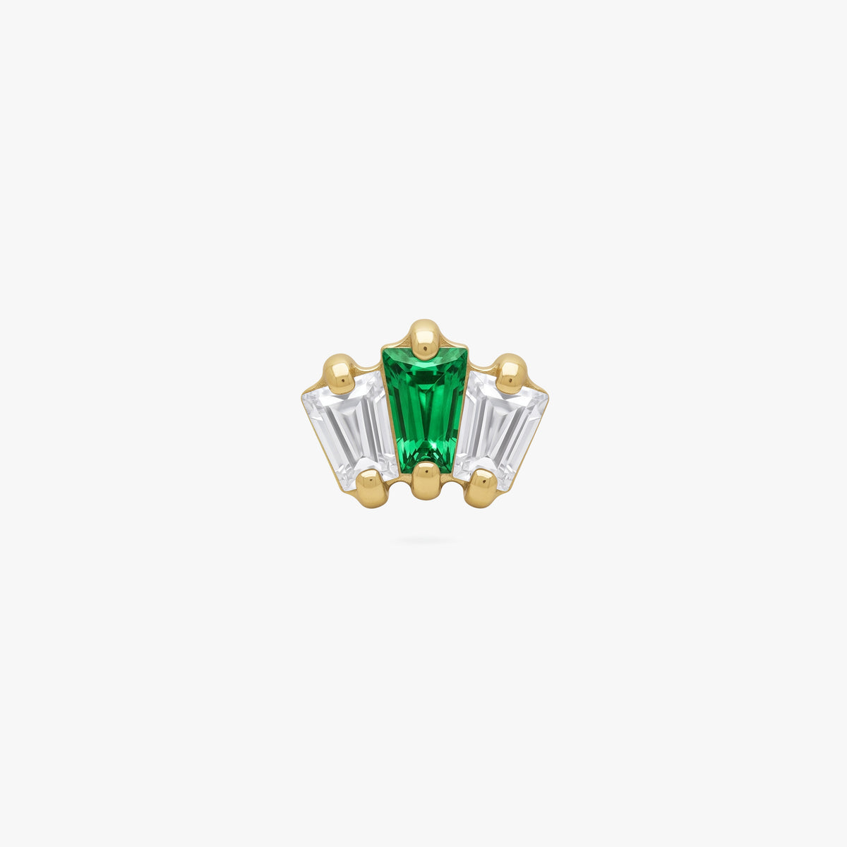 This image the front view of the golden ti micro crown baguette flatback. the flatback has two clear cz and one green cz in the middle. 