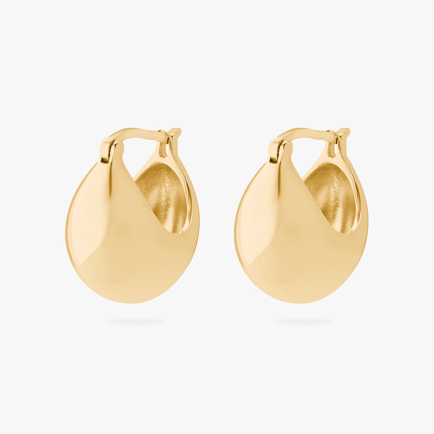 An image of a pair of gold, small chunky crescent-shaped hoops. [pair] color:null|gold