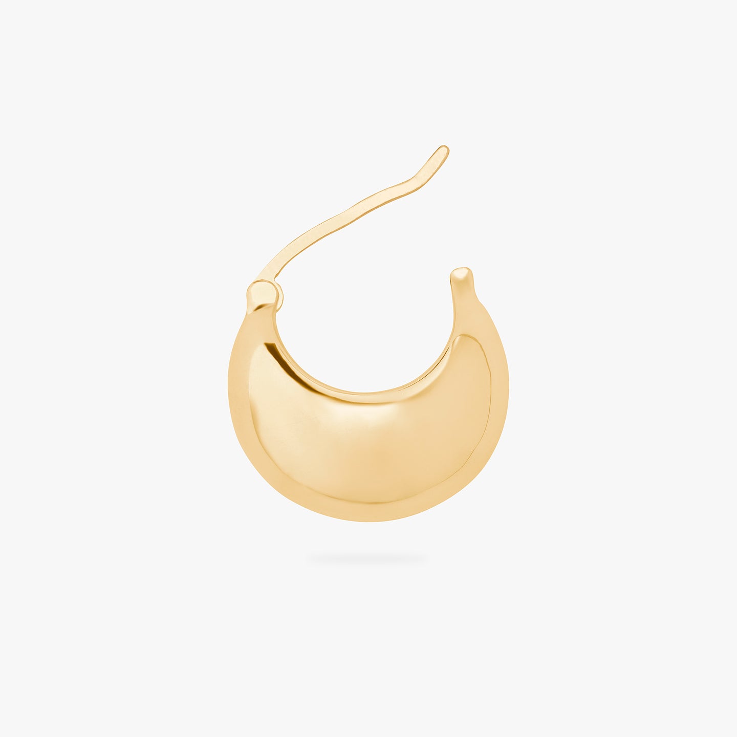 An image of a gold, small chunky crescent-shaped hoop unhinged. color:null|gold