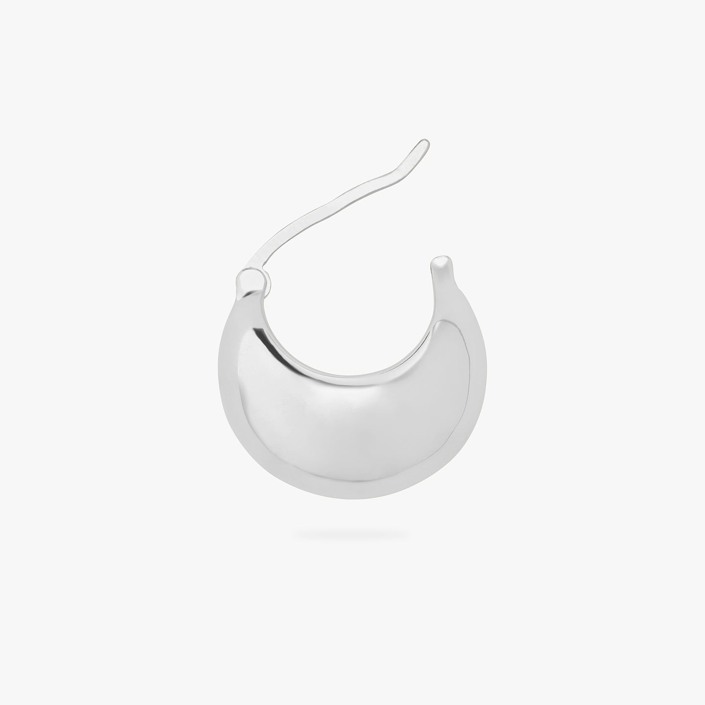 An image of a silver, small chunky crescent-shaped hoop unhinged. color:null|silver