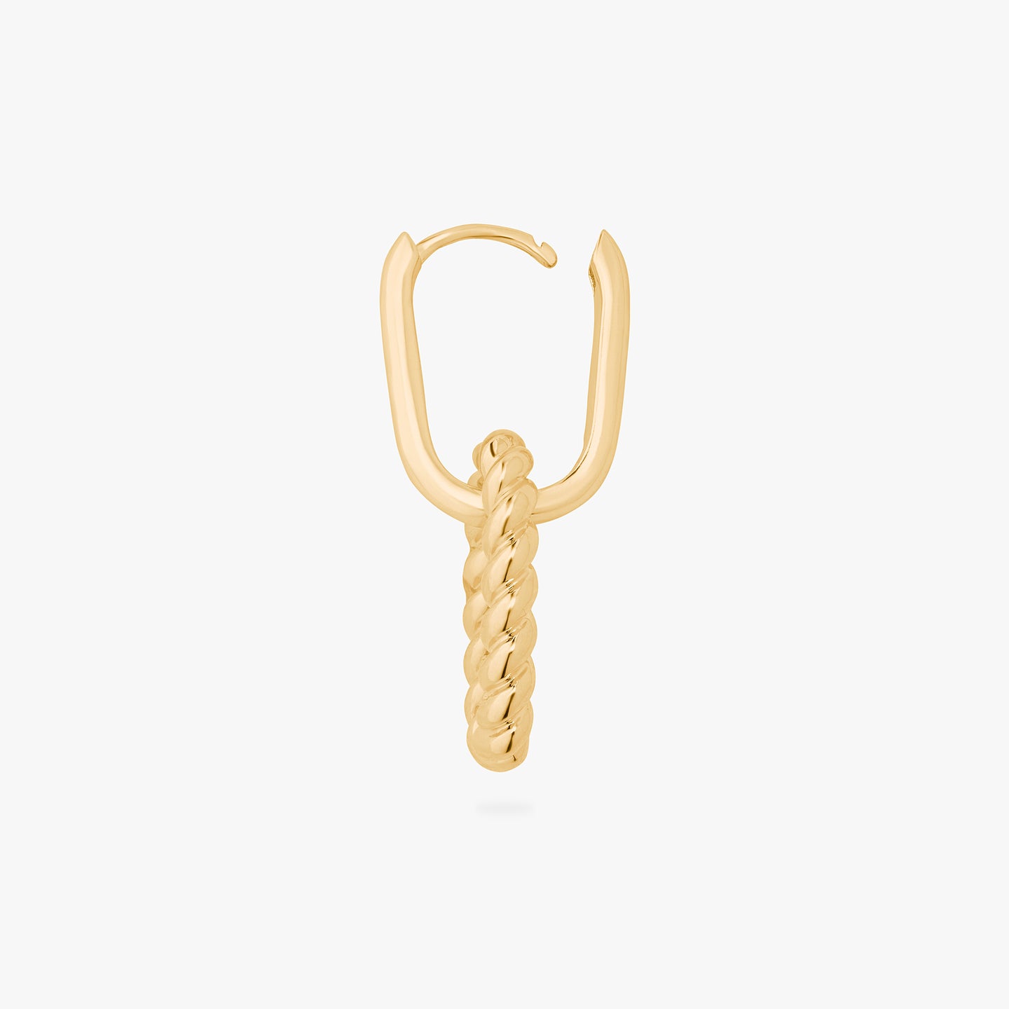 A gold medium oval hoop with a puffy twisted charm hanging from them unhinged. color:null|gold