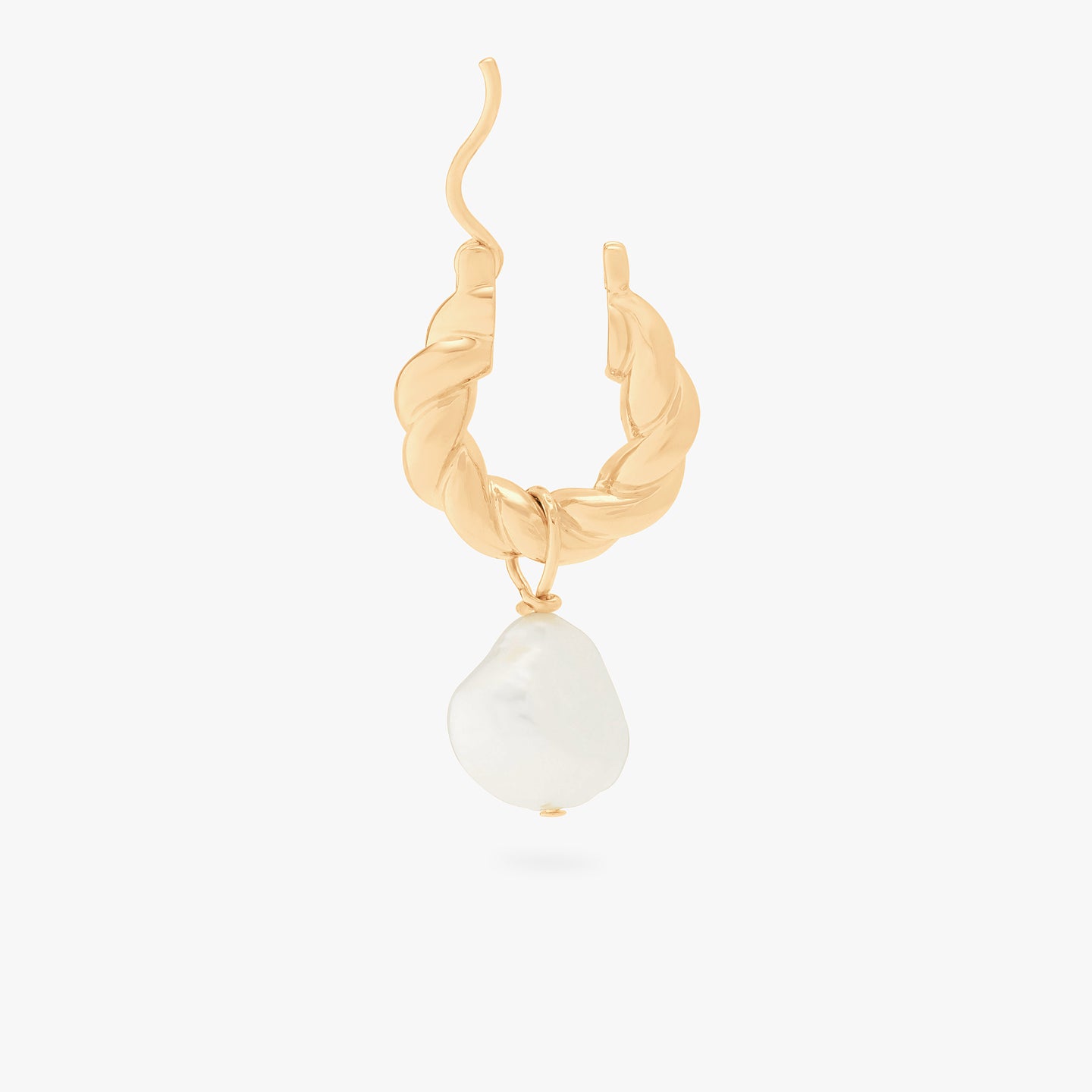 This is an image of a gold small french twist hoop with an oversized baroque pearl charm on it. color:null|gold/pearl