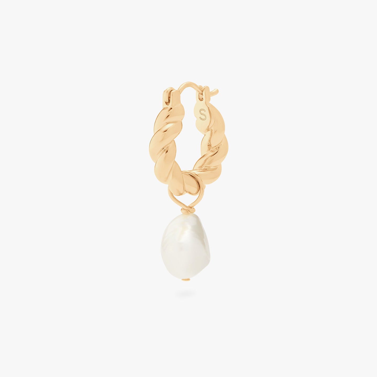 This is an image of a gold small french twist hoop with an oversized baroque pearl charm on it. color:null|gold/pearl