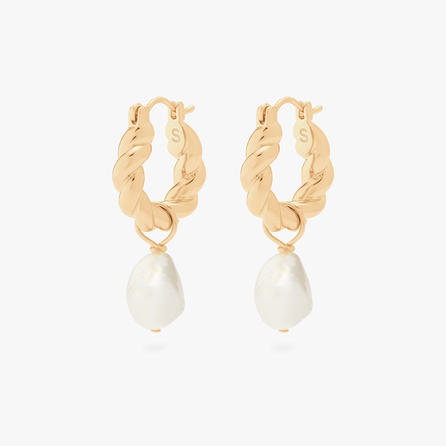 This is an image of a pair of gold small french twist hoops with oversized baroque pearl charms on them. [pair] color:null|gold/pearl