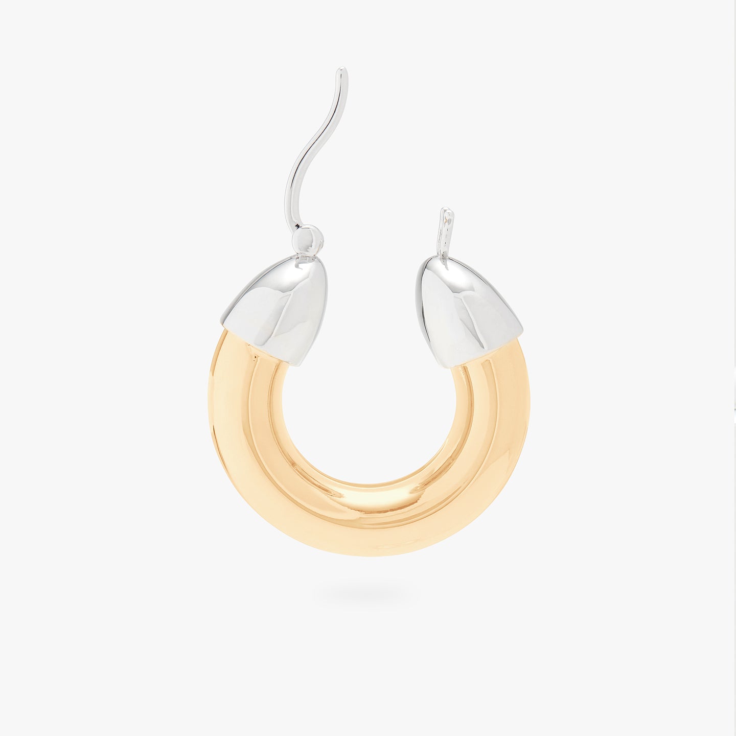 This is an image of a gold based, silver capped, chunky drip hoop unhinged. color:null|gold/silver