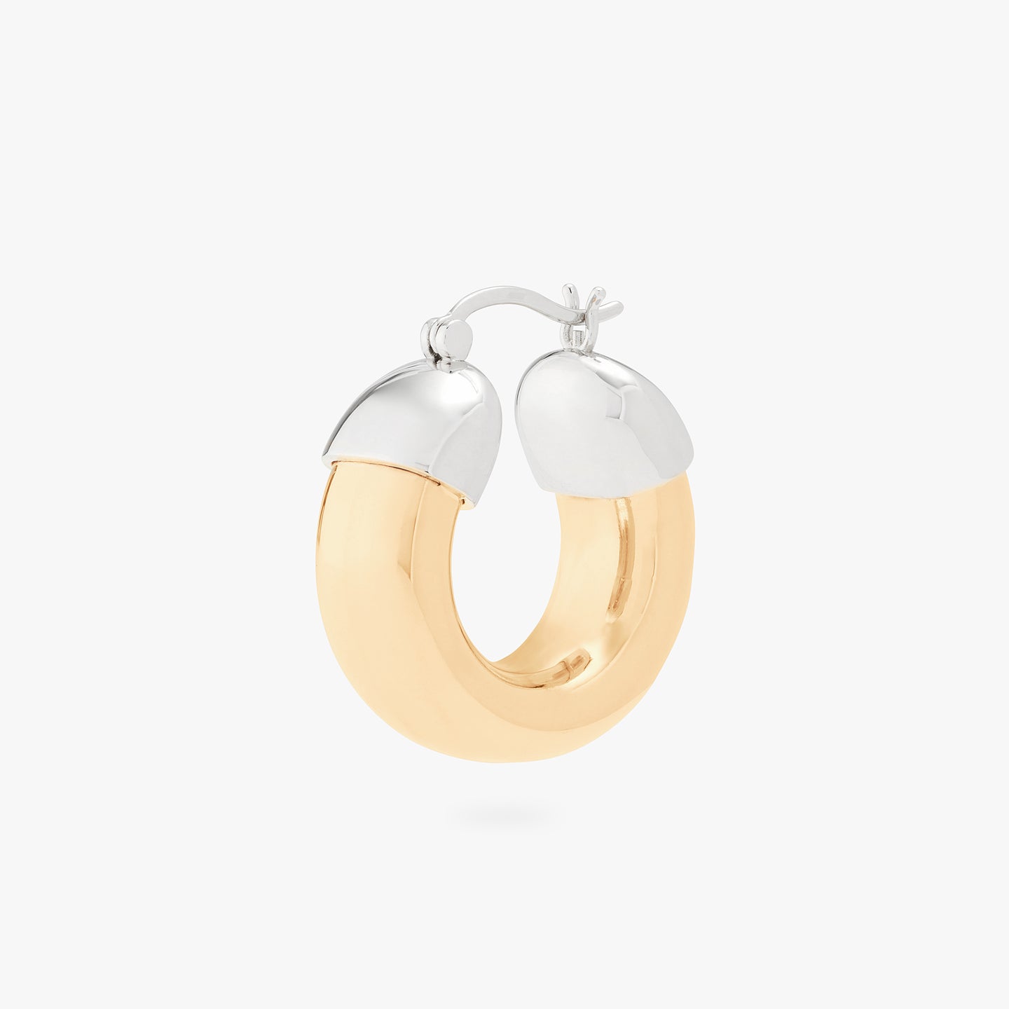This is an image of a gold based, silver capped, chunky drip hoop. color:null|gold/silver
