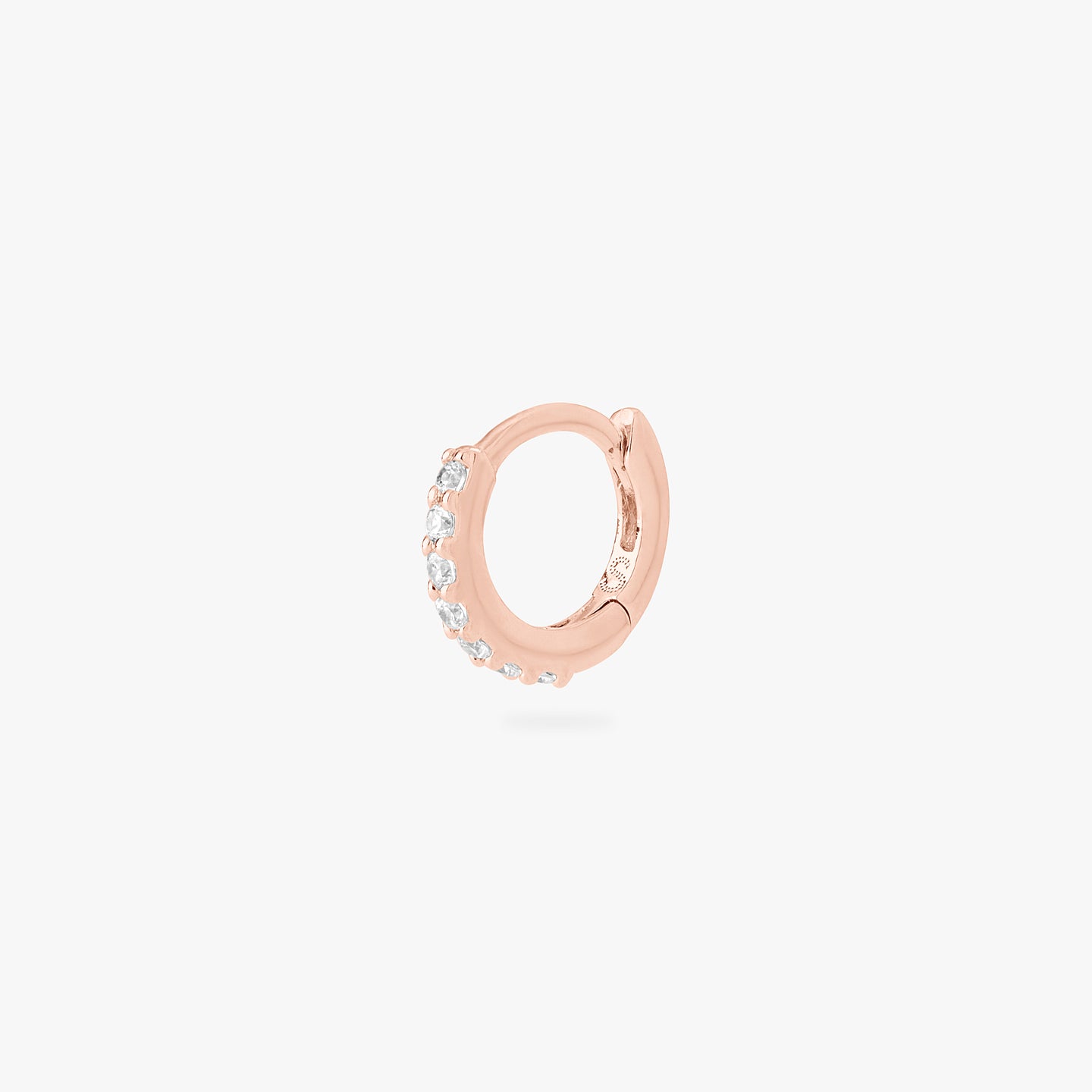 micro pave huggie in rose gold color:null|rose gold