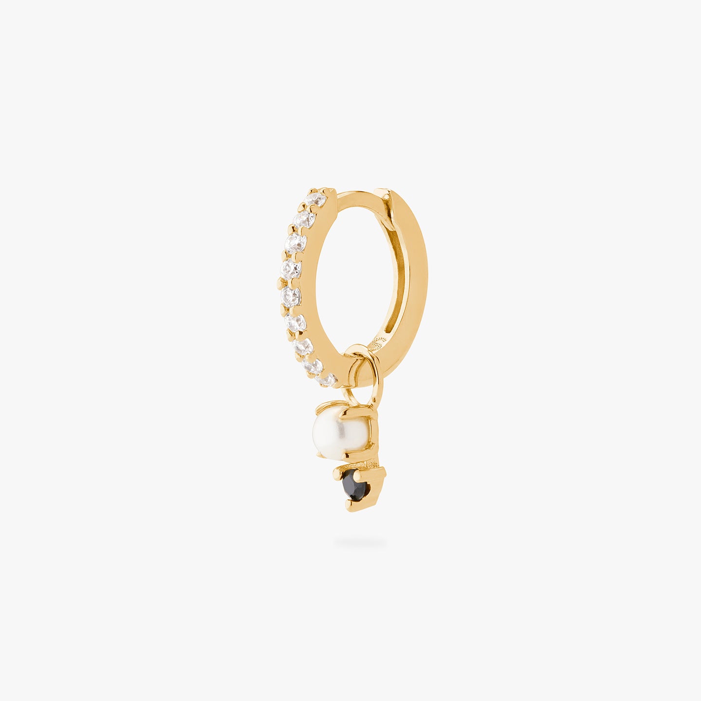 A gold/clear mini pave huggie with black stacked cz pearl charm. color:null|gold/black