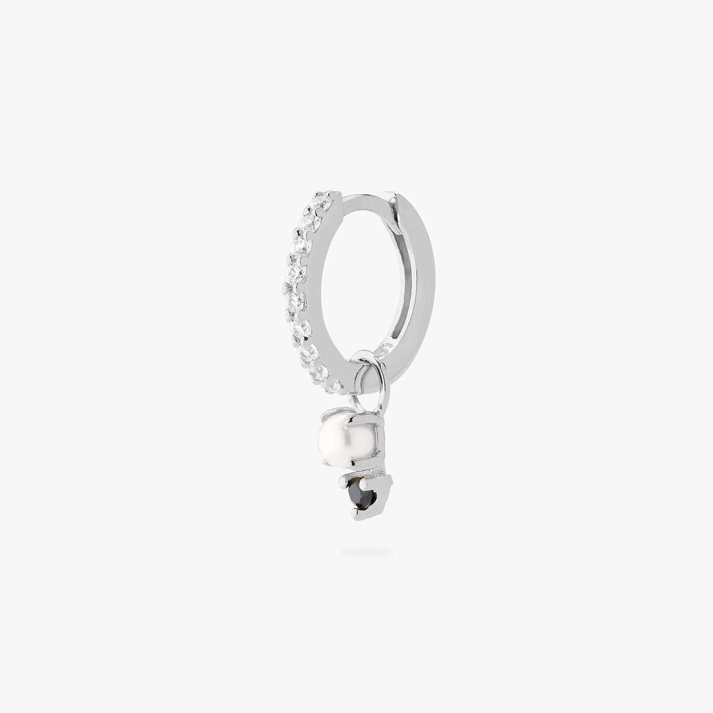 A silver/clear mini pave huggie with black stacked cz pearl charm. color:null|silver/black