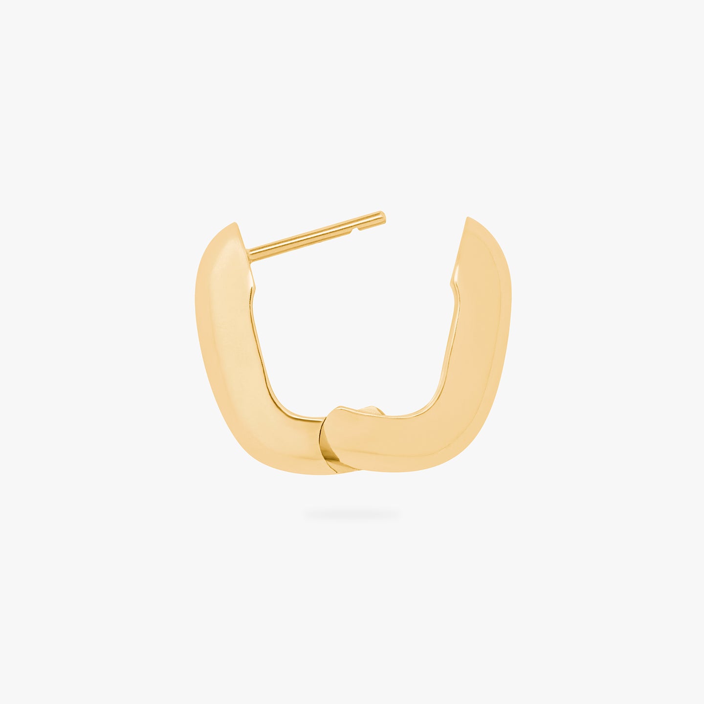 An image of a gold, chunky, square shaped huggie unhinged. color:null|gold