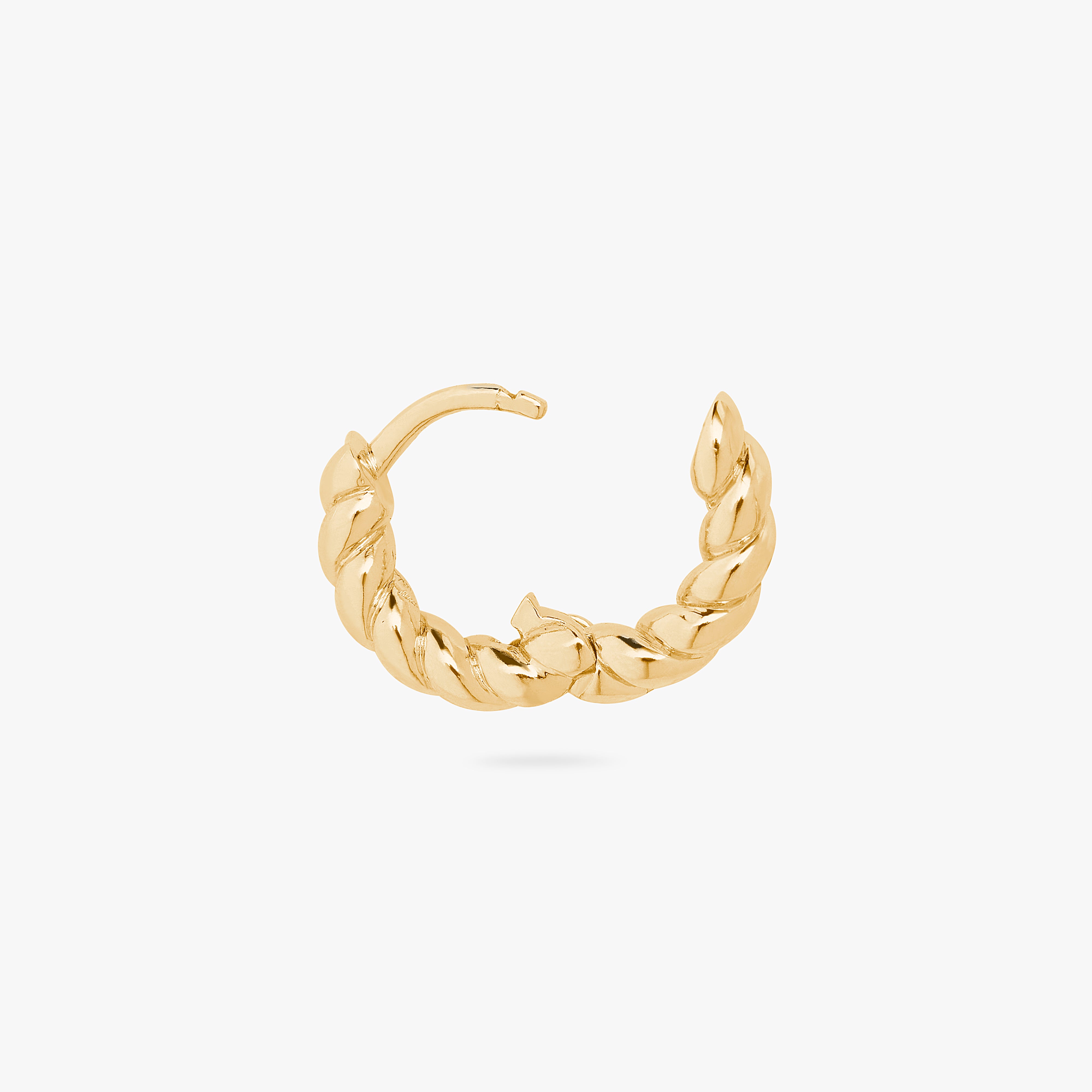 An image of a chunky gold twisted huggie unhinged. color:null|gold