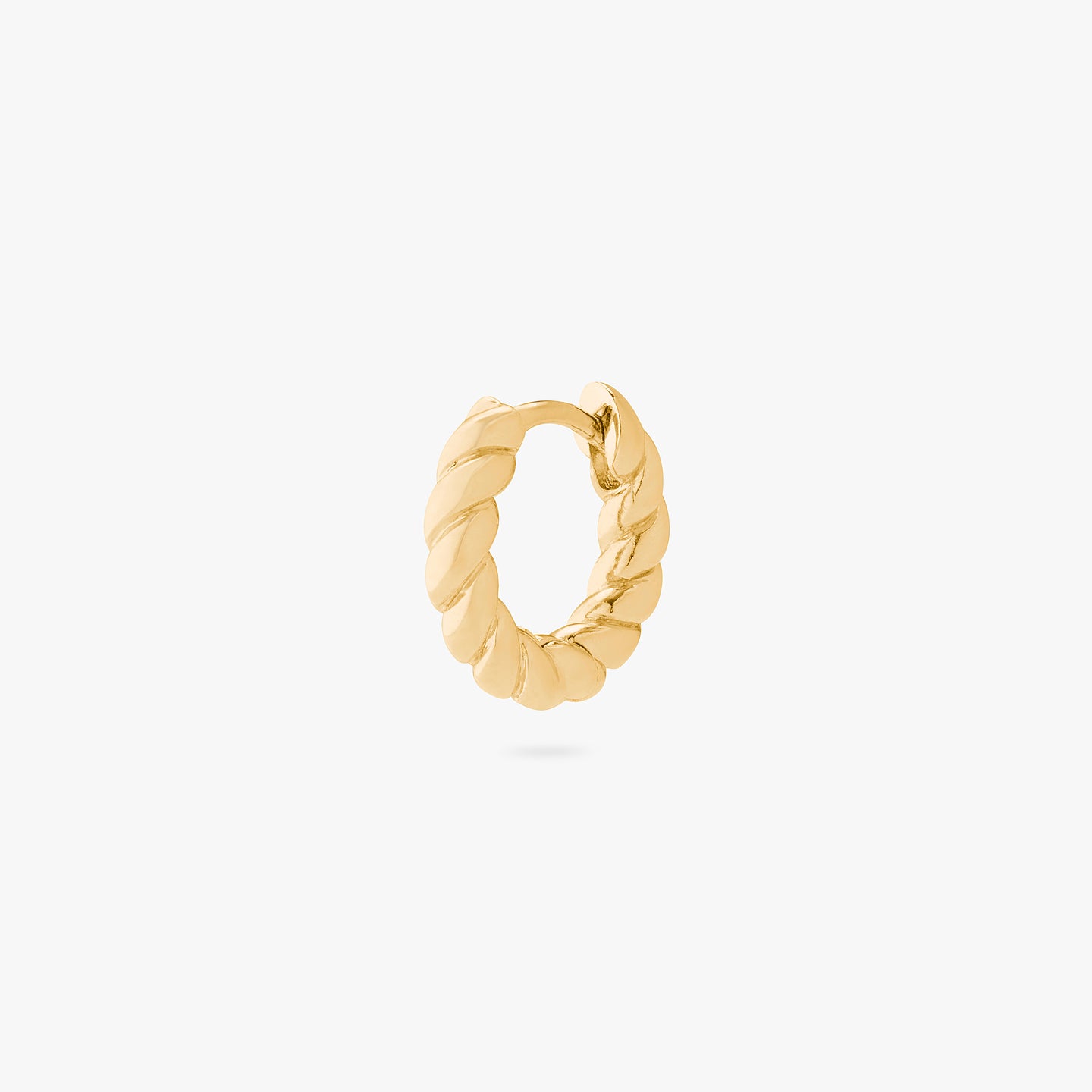 An image of a chunky gold twisted huggie. color:null|gold
