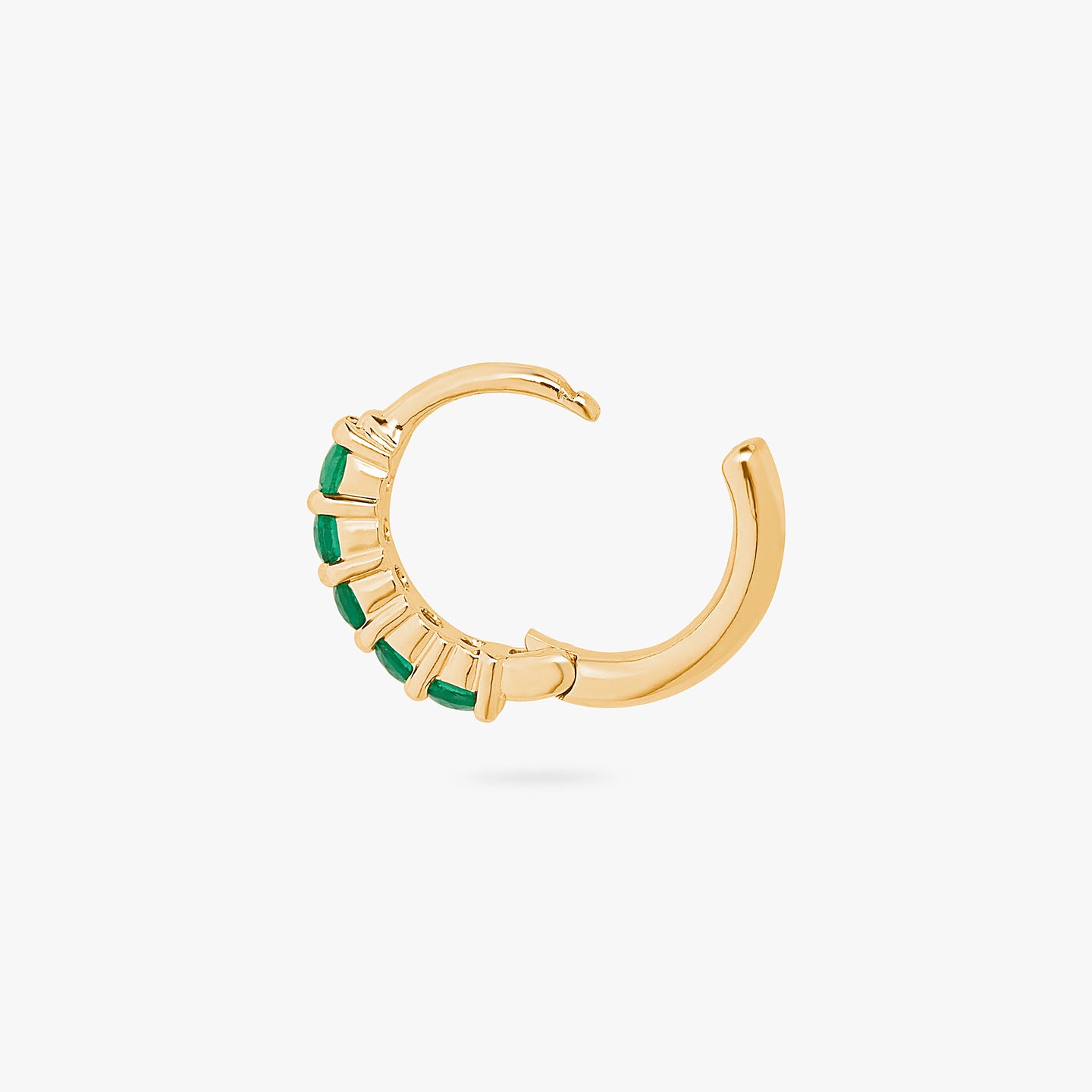An image of a gold/green pave huggie with max pave stones unhinged. color:null|gold/green