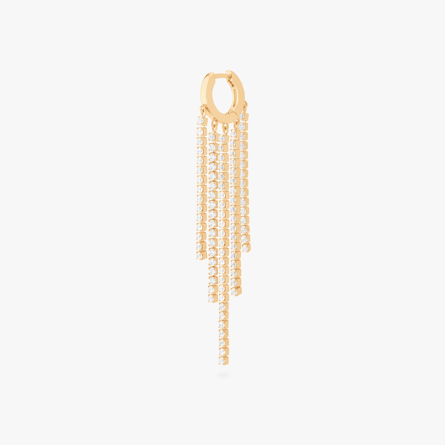 This is an image of a gold huggie that has gold/clear CZ strands dangling from it in a fringed pattern. color:null|gold/clear