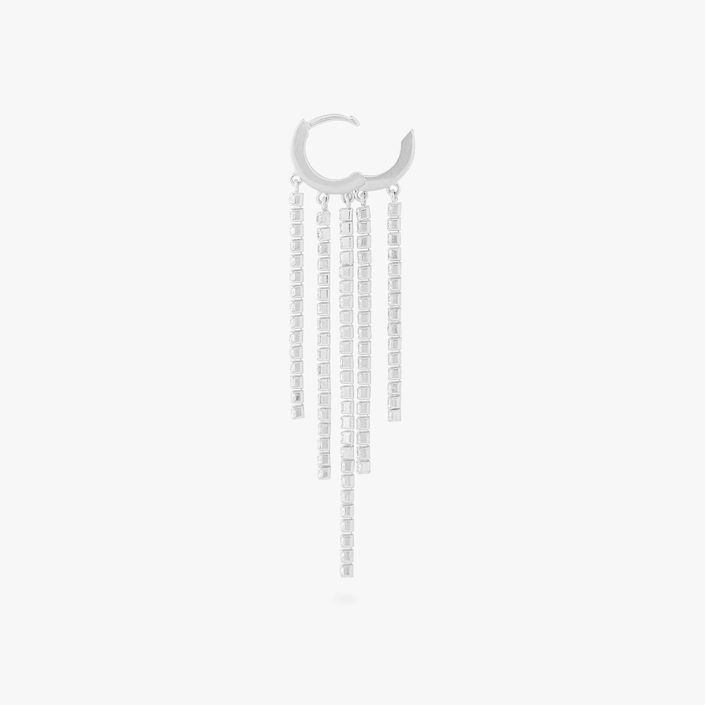 This is an image of a silver huggie that has silver/clear CZ strands dangling from it in a fringed pattern unhinged. color:null|silver/clear