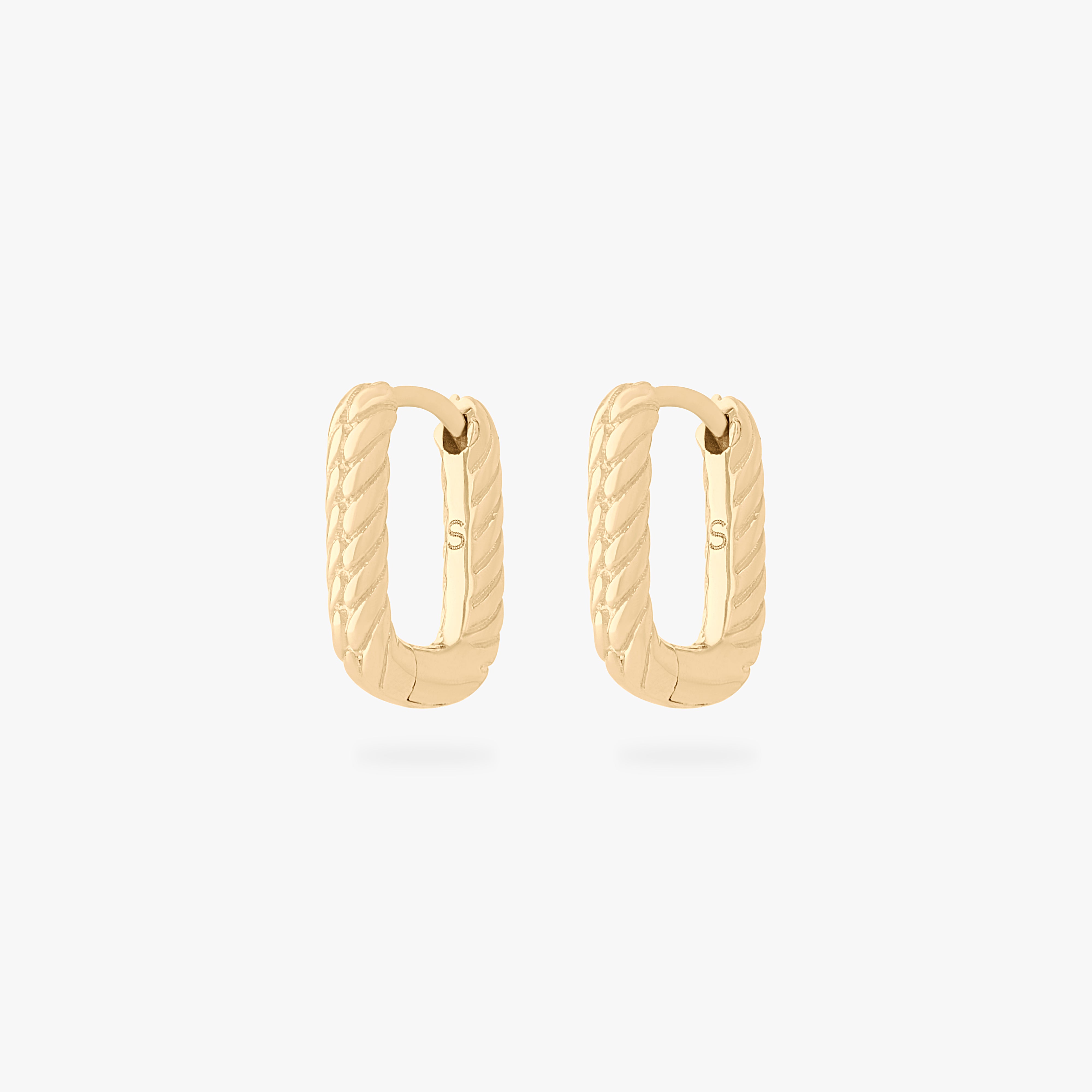 This is an image of a pair of gold-toned, square shaped huggies that have twists throughout them. [pair] color:null|gold