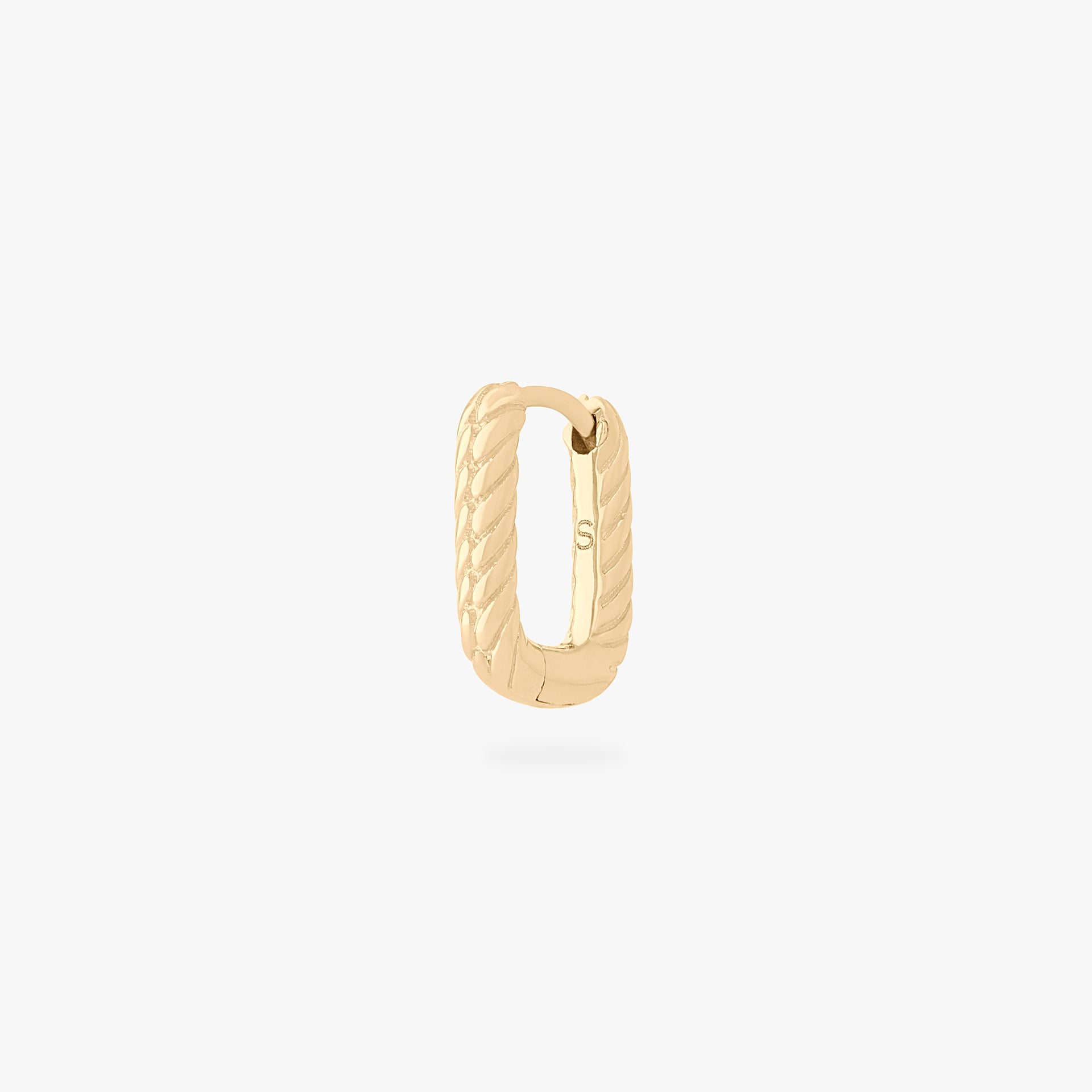 This is an image of a gold-toned, square shaped huggie that has twists throughout it. - Main view