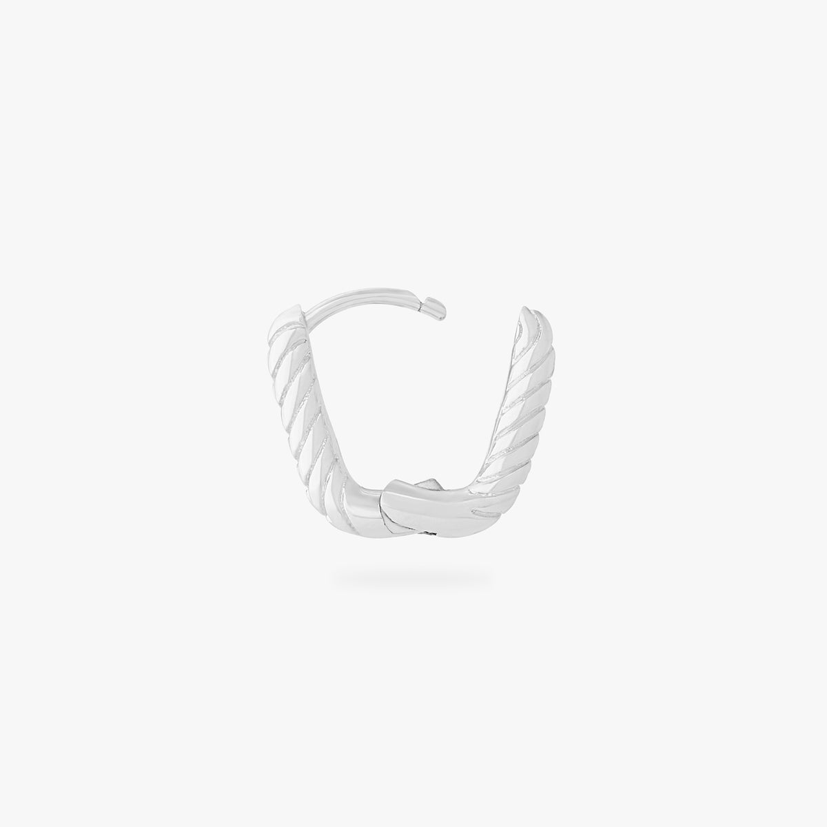 This is an image of a silver-toned, square shaped huggie that has twists throughout it. color:null|silver