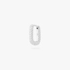 This is an image of a silver-toned, square shaped huggie that has twists throughout it. color:null|silver