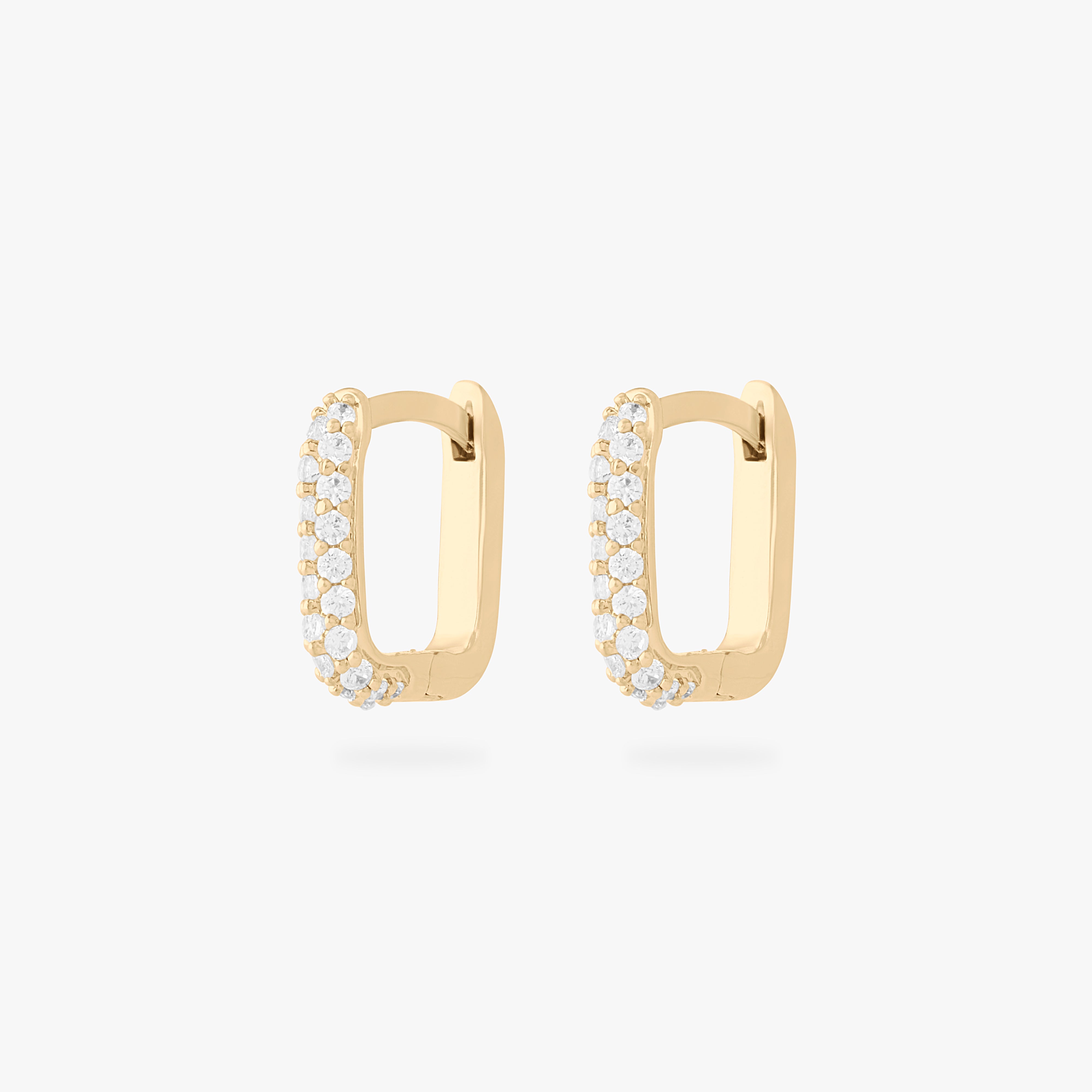 This is an image of a pair of gold-toned, square-shaped huggies with pave CZ stones. [pair] color:null|gold/clear