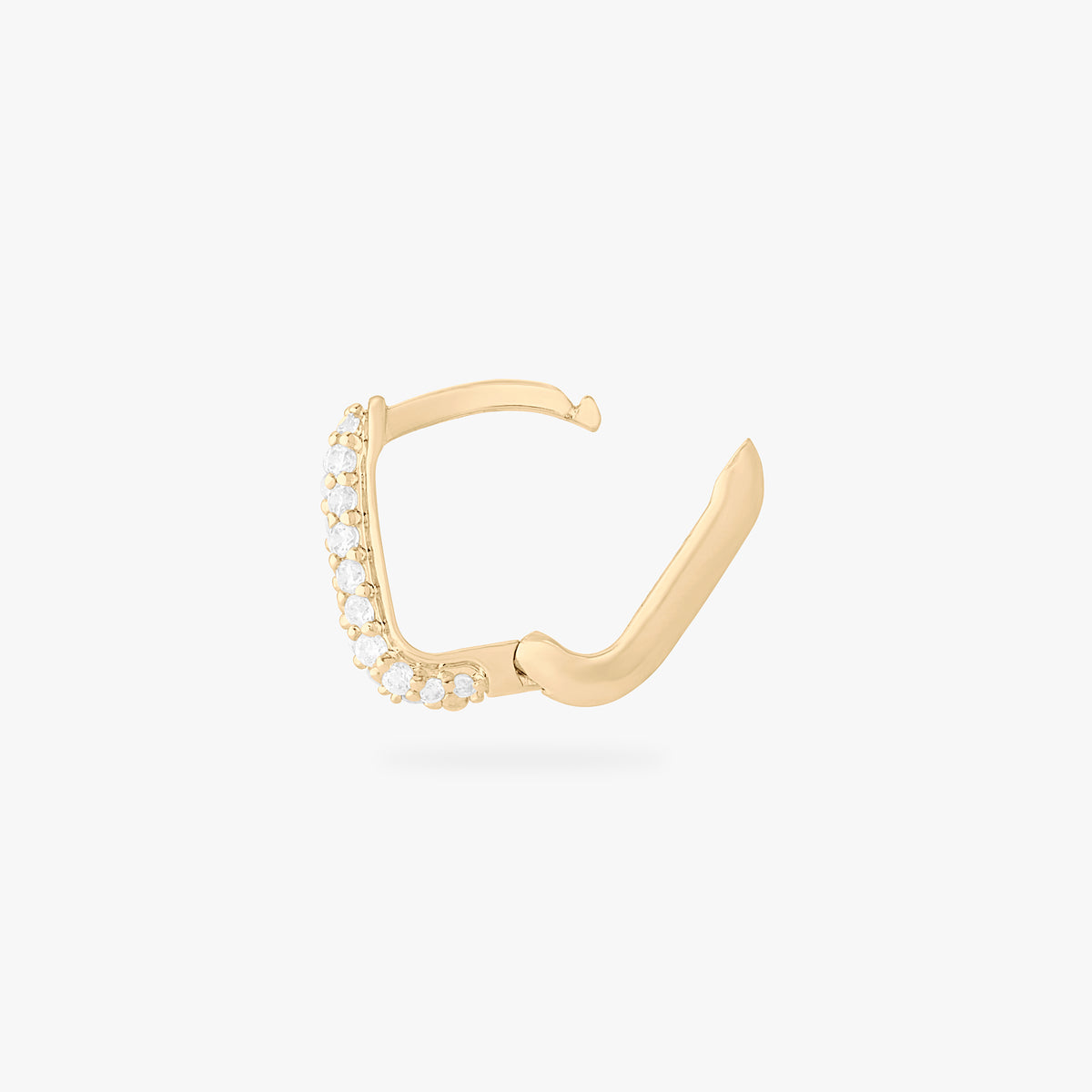 This is an image of a gold-toned, square-shaped huggie with pave CZ stones. color:null|gold/clear