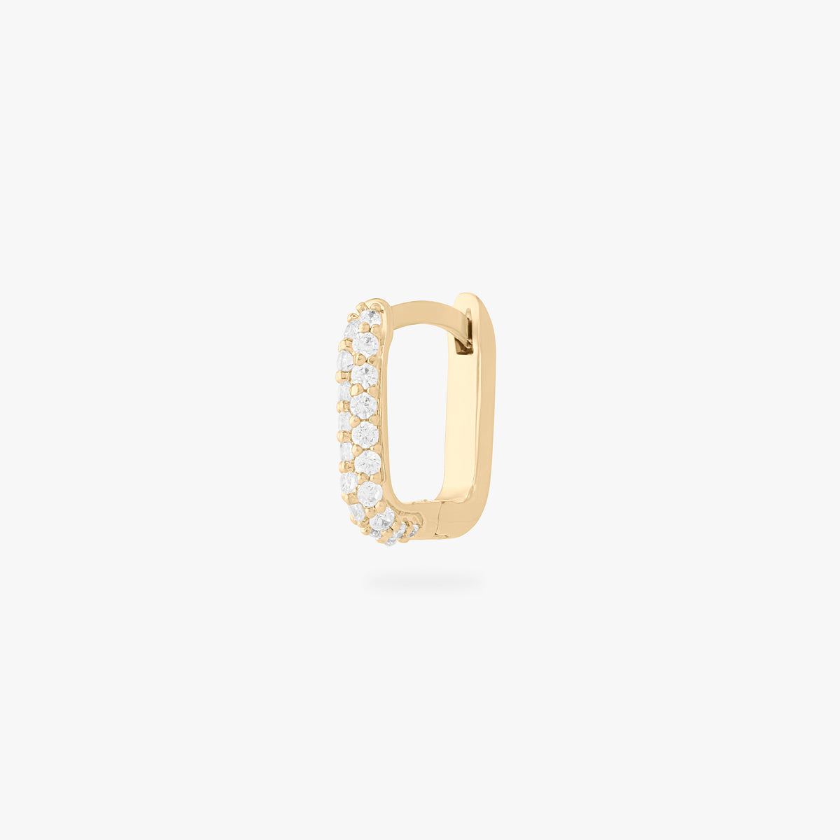This is an image of a gold-toned, square-shaped huggie with pave CZ stones. color:null|gold/clear