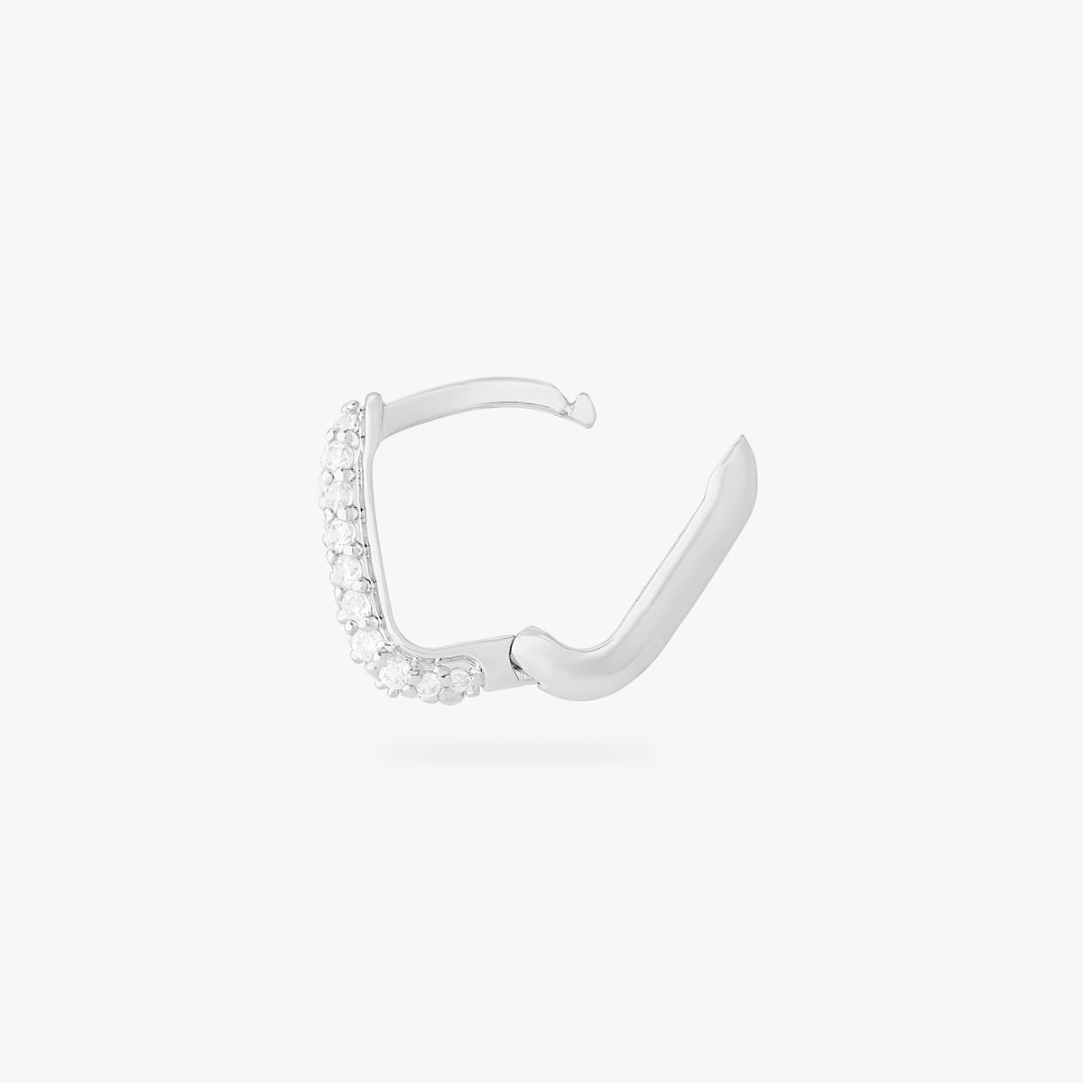 This is an image of a silver-toned, square-shaped huggie with pave CZ stones. color:null|silver/clear