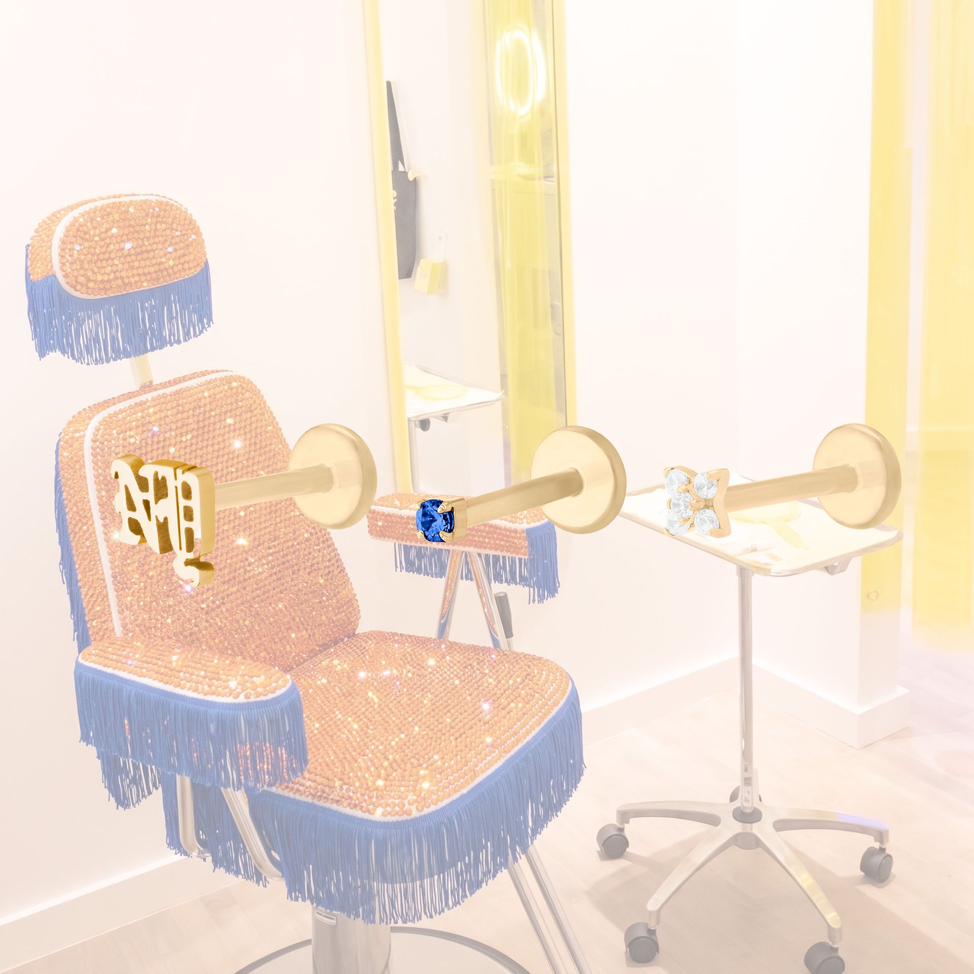 Gold earscape Set for the NY Knicks featuring a NY flatback stud, a micro blue cz flatback stud, and a pave x flatback stud over a blue and orange piercing chair - Main view