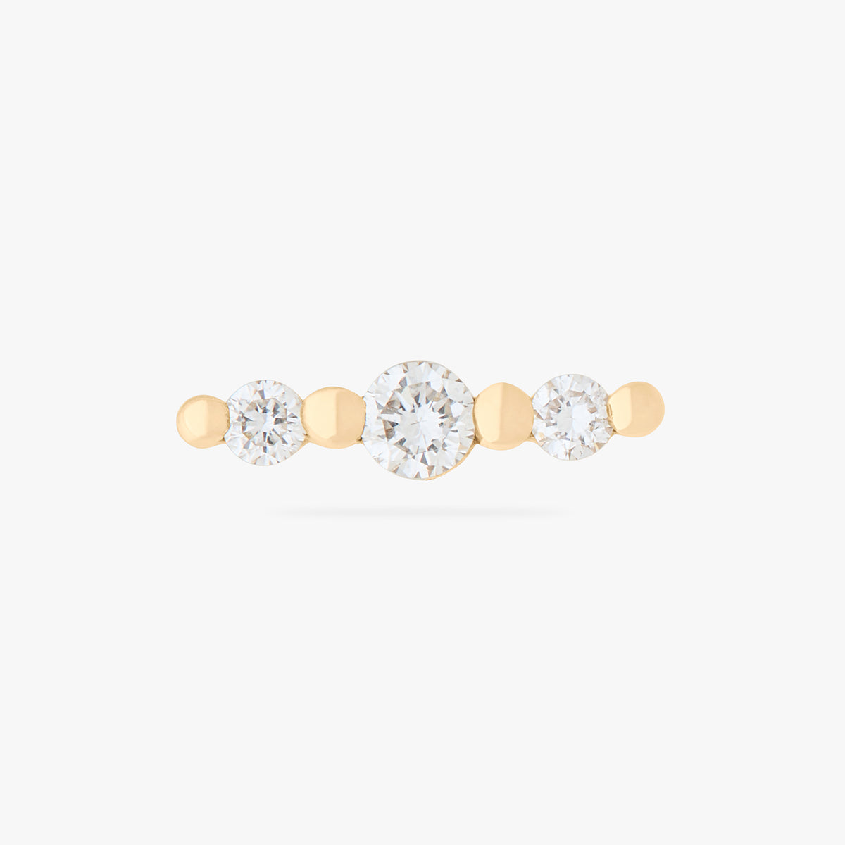 This image is a 14K gold flatback stud that features 3 round diamonds with alternating 14K gold spheres against a white background. 