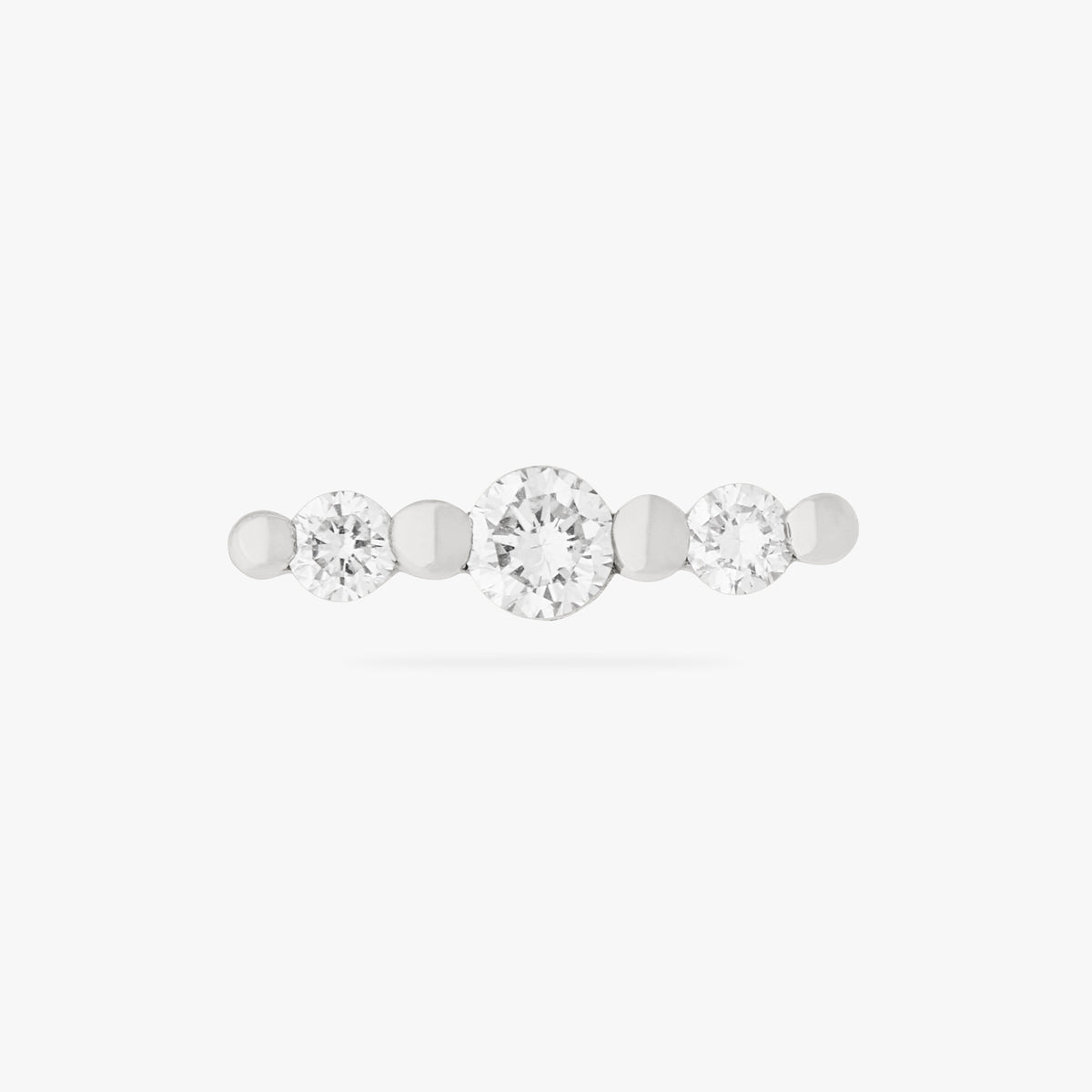 This image is a 14K white gold flatback stud that features 3 round diamonds with alternating 14K white gold spheres against a white background. 