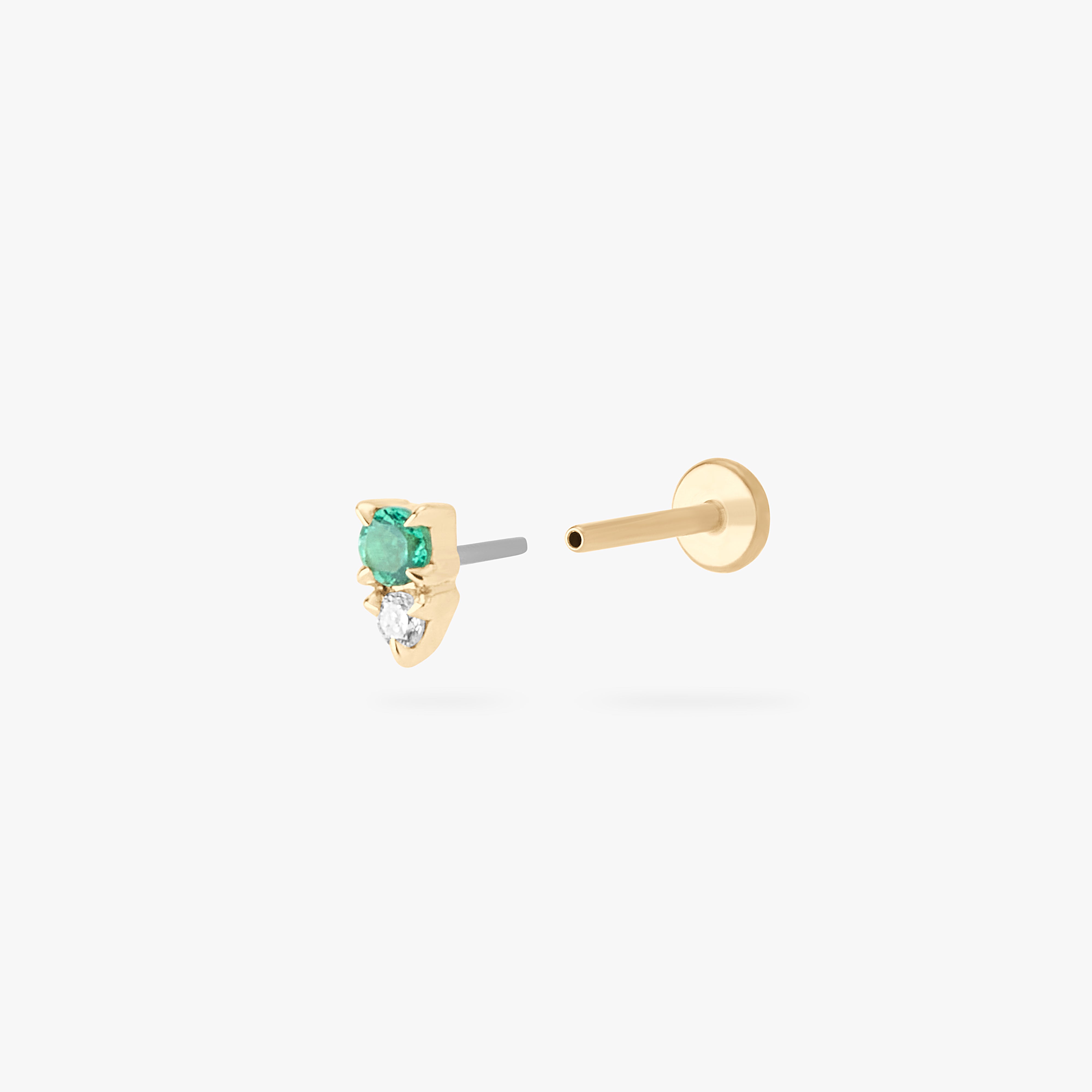 This is an image of a gold flatback stud with a green stacked cz stone. color:null|14k gold/green