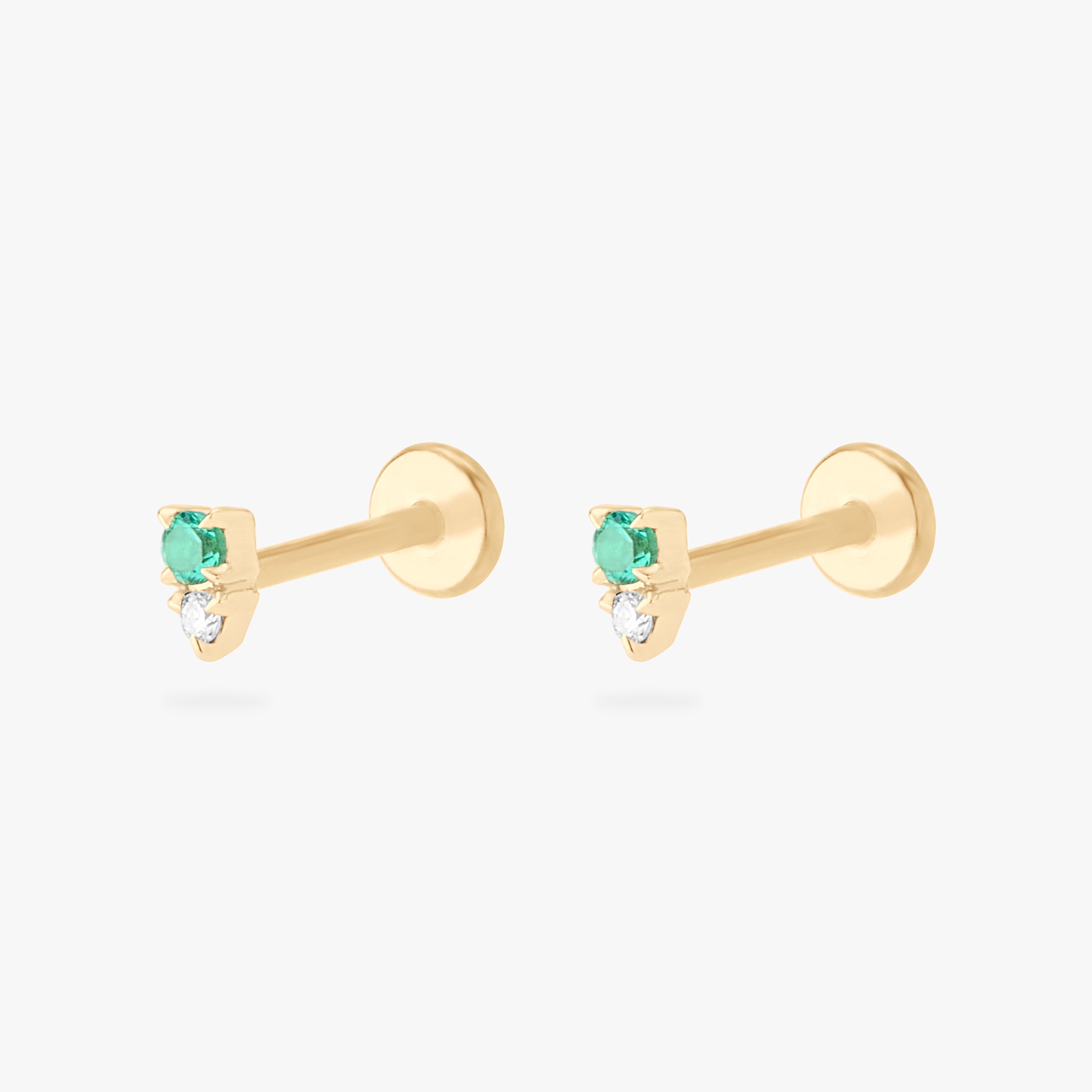 This is an image of a pair of gold flatback studs with green stacked cz stones. [pair] color:null|14k gold/green