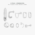 This image shows all earring options that you can get in this mystery. rhw text says 2 styles. 8 possibilities. You'll recieve 2 styles selected at random. All earrings are silver 