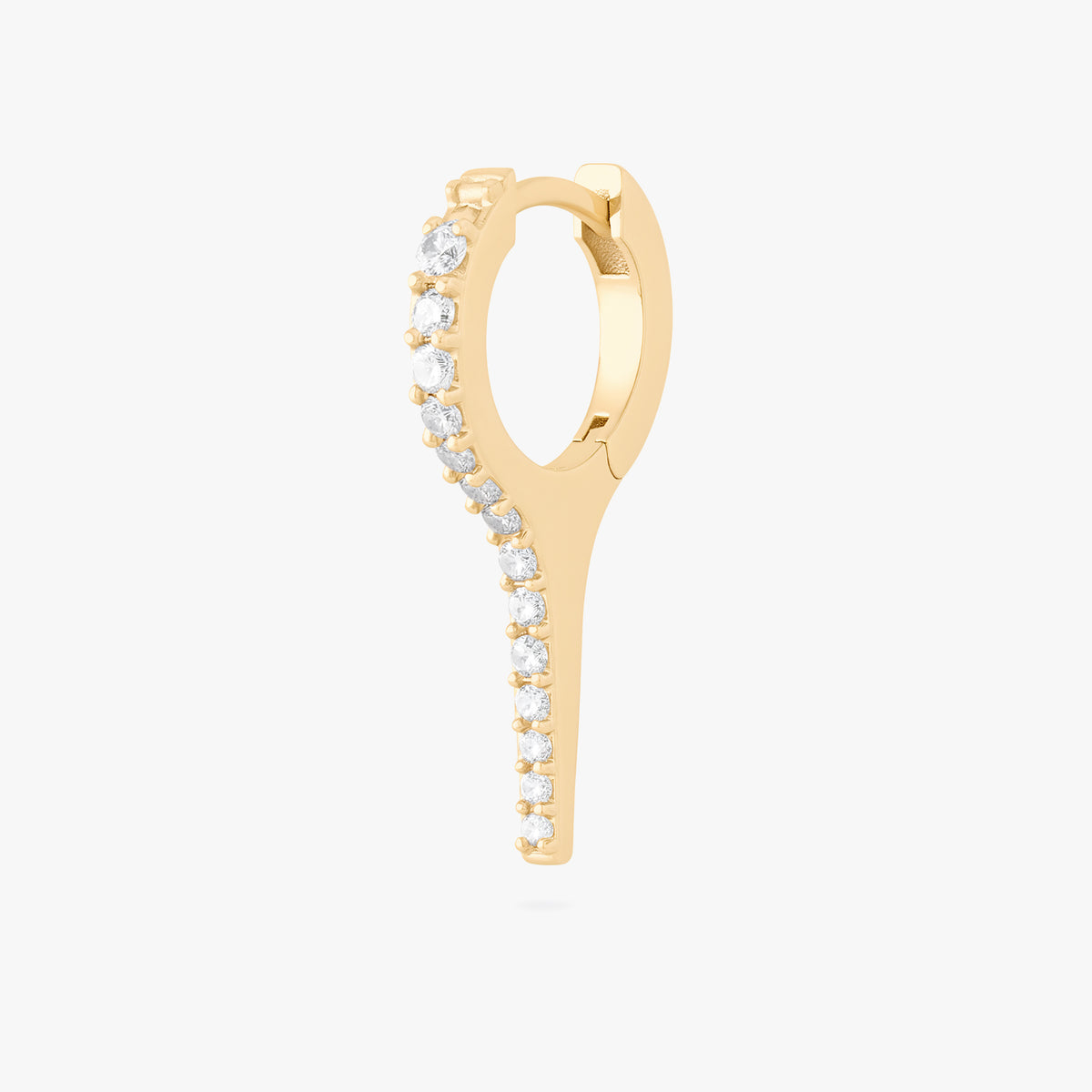 This image shows the side view of the 14k gold plated long pave spike huggie with cz clear stones down the front 
