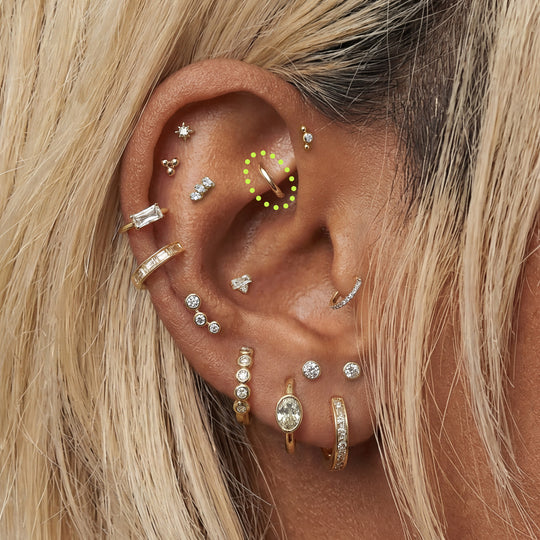 Close-up of an ear with multiple gold sparkly earrings with a 5mm clicker circled in the rook