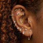 Close-up of an ear with multiple gold sparkly earrings with a micro constellation flatback circled in the conch