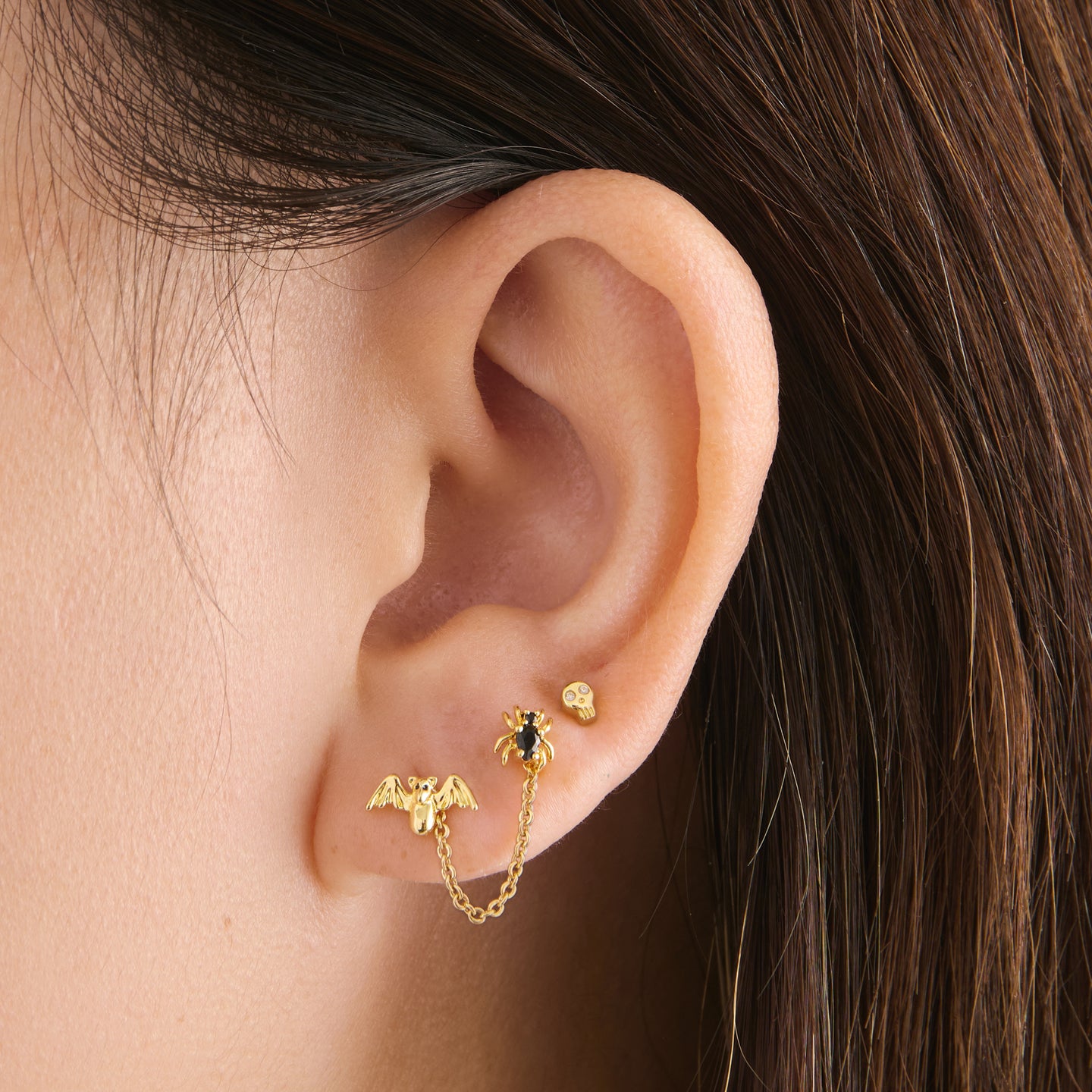 spooky set featuring a connector chain, bat stud, skull stud, and spider stud in gold [hover] color:null|gold