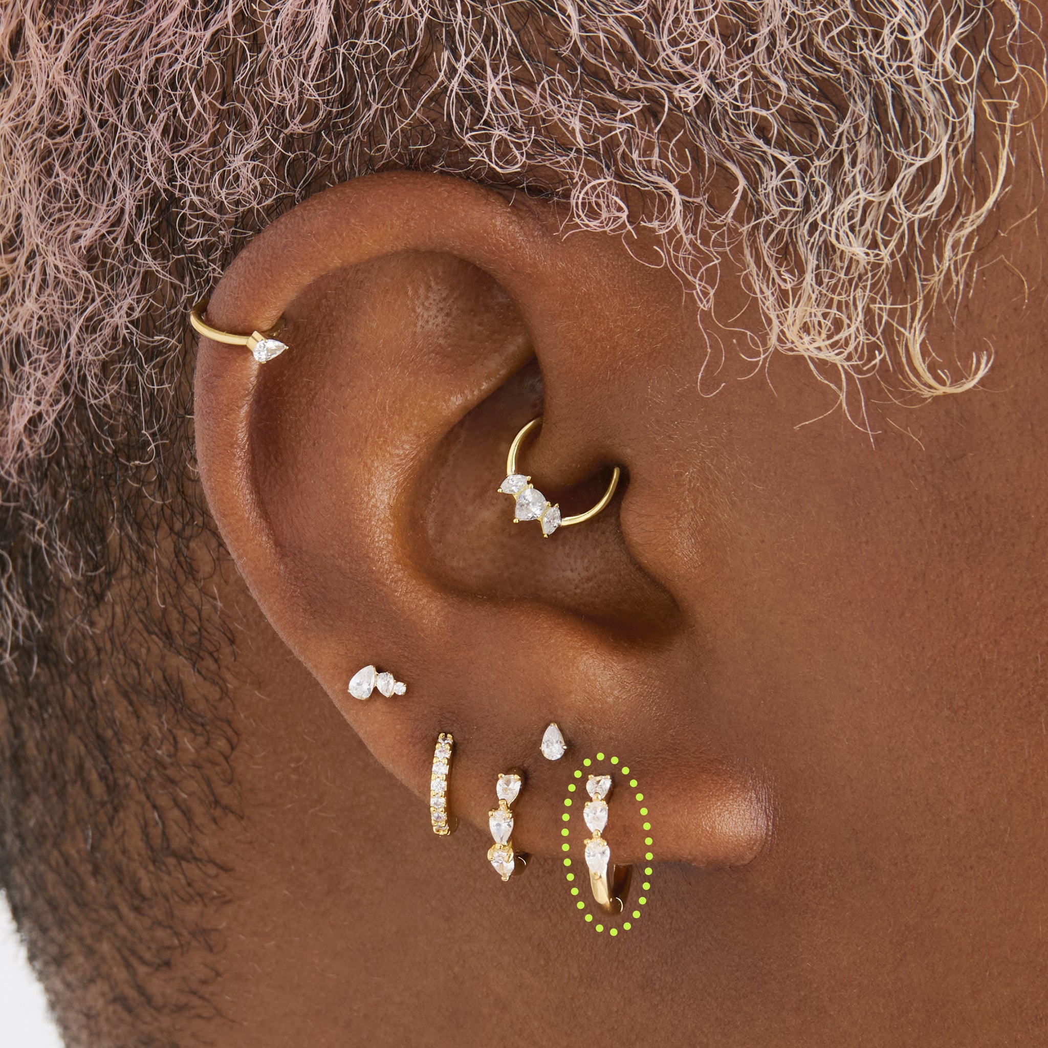 mini pave pear huggie in gold with clear pear cz stones [hover] color:null|gold/clear