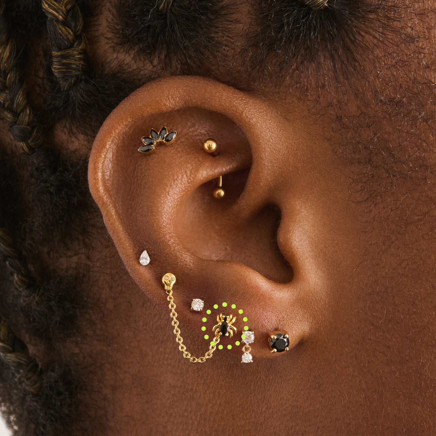 on ear featuring a gold spider stud with black cz accents [hover] color:null|gold/black