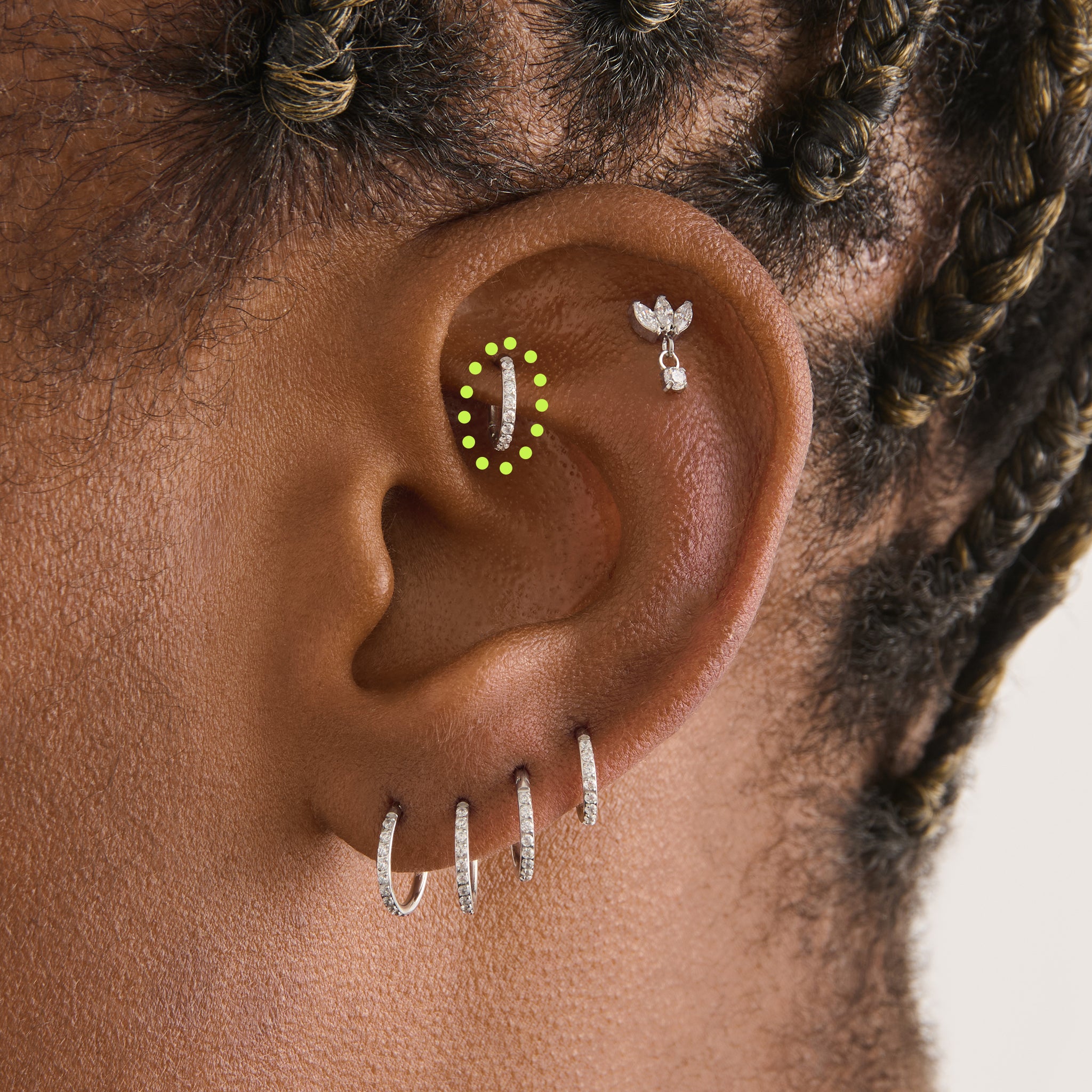 on ear featuring a 6mm seamless pave clicker in silver [hover] color:null|silver
