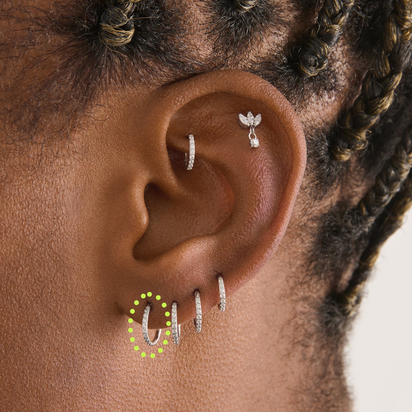 on ear featuring an 8mm seamless pave clicker in gold [hover] color:null|silver