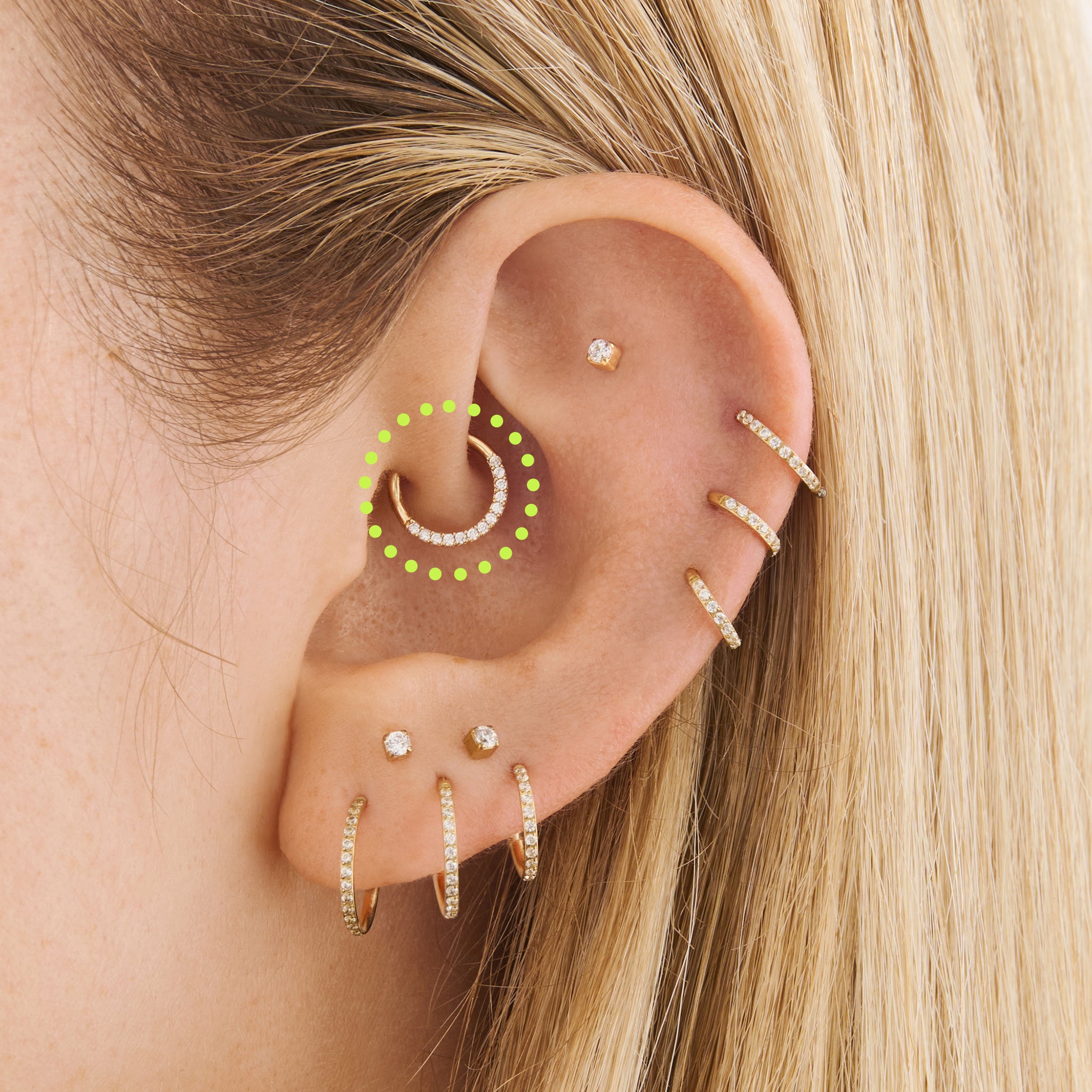 on ear featuring an 8mm seamless front set pave clicker in gold [hover] color:null|gold
