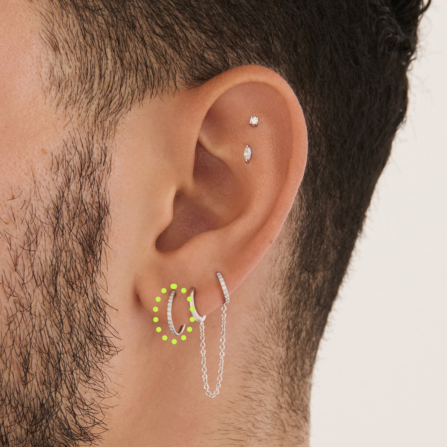 on ear featuring a 10mm seamless pave clicker in silver color [hover] color:null|silver