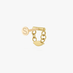 This is an image of a gold toned flatback stud that has a gold bar with chains hanging from both sides supporting a clear, marquise cut CZ stone.  