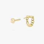 This is an image of a gold toned flatback stud that has a gold bar with chains hanging from both sides supporting a clear, marquise cut CZ stone.  