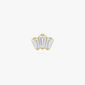 This is an image of a gold toned flatback stud that has three clear baguette cut CZs forming a crown shape. 
