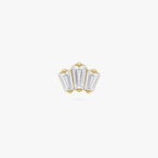 This is an image of a gold toned flatback stud that has three clear baguette cut CZs forming a crown shape. 
