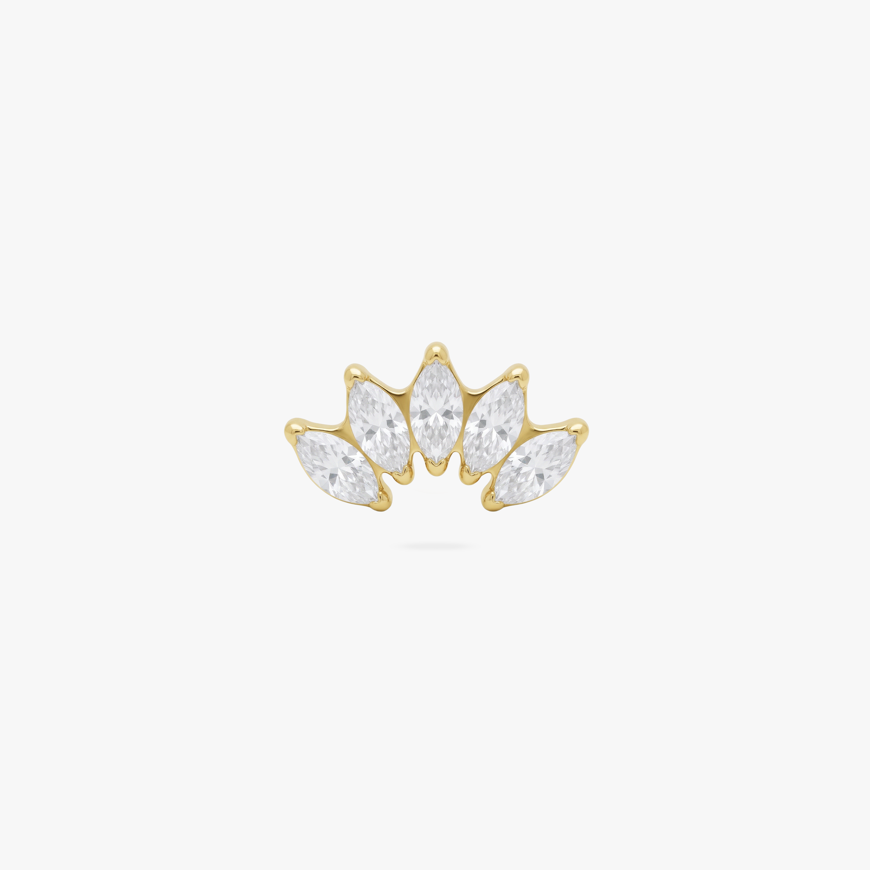 This is an image of a golden flatback stud with 5 marquise cut clear CZs in a crown formation.