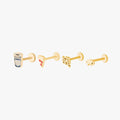 this image shows a set of NYC inspired 14k Yellow Gold Plated flatback studs. There is a blue coffee cup, pizza, NY, and a rat flatback included.